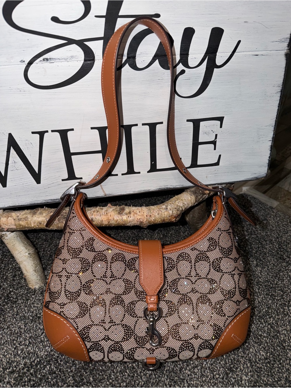 Coach Signature C Monogram Hobo Bag with Sparkle Accents